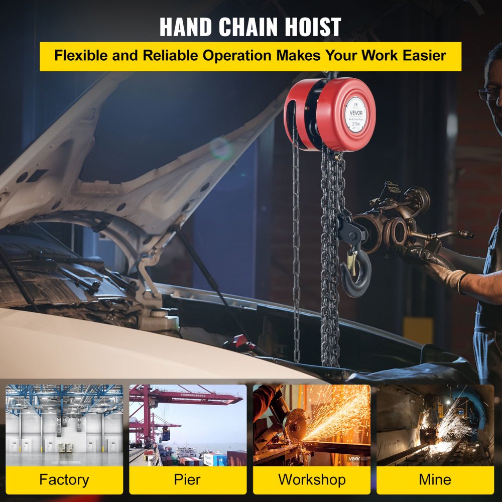 VEVOR Hand Chain Hoist, 4400 lbs /2 Ton Capacity Chain Block, 8ft/2.5m Lift Manual Hand Chain Block, Manual Hoist with Industrial-Grade Steel Construction for Lifting Good in Transport & Workshop, Red