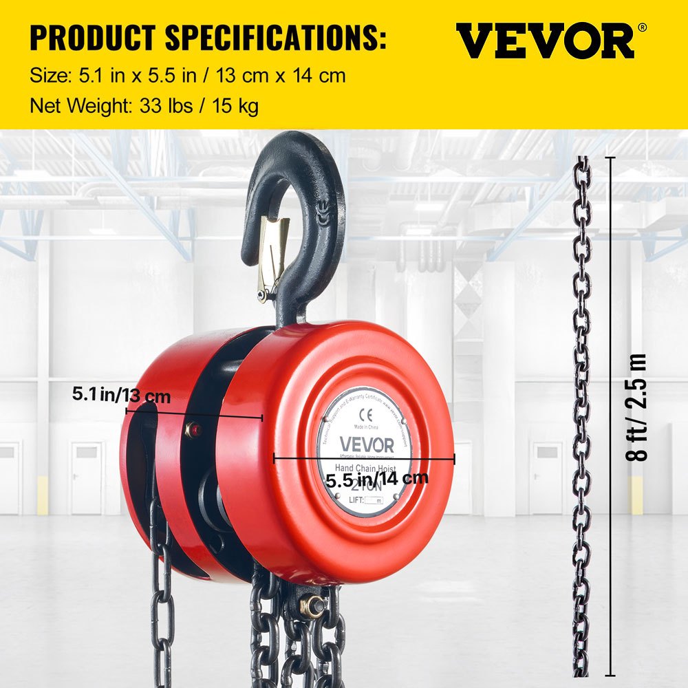VEVOR Hand Chain Hoist, 4400 lbs /2 Ton Capacity Chain Block, 8ft/2.5m Lift Manual Hand Chain Block, Manual Hoist with Industrial-Grade Steel Construction for Lifting Good in Transport & Workshop, Red