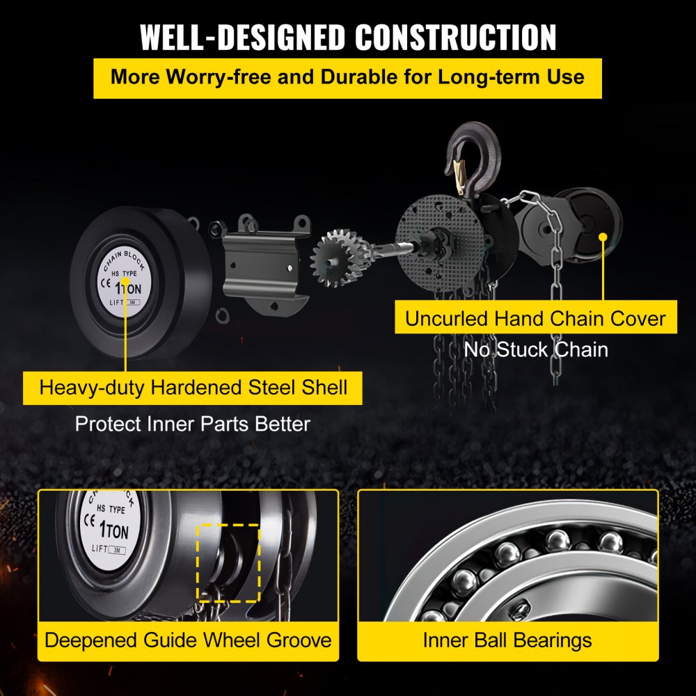 VEVOR Hand Chain Hoist, 2200 lbs /1 Ton Capacity Chain Block, 10ft/3m Lift Manual Hand Chain Block, Manual Hoist with Industrial-Grade Steel Construction for Lifting Good in Transport & Workshop, Blac