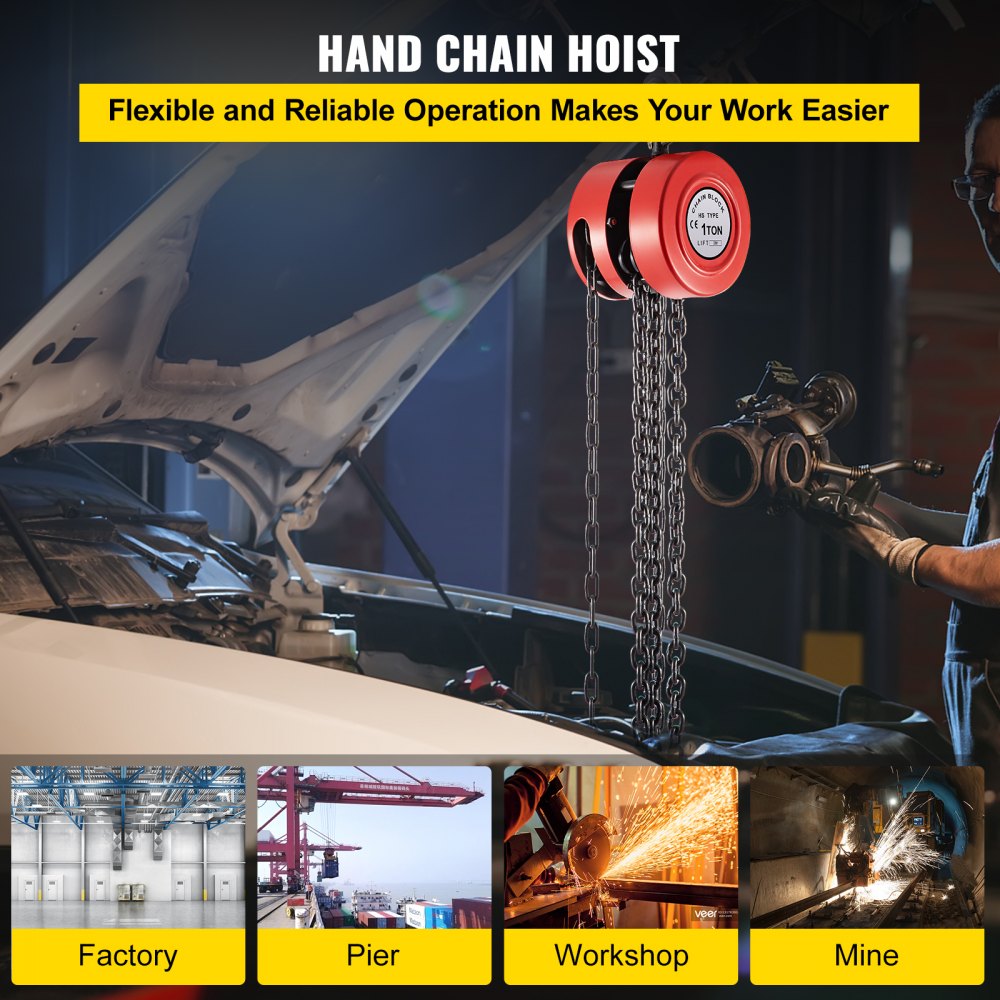 VEVOR Hand Chain Hoist, 2200 lbs /1 Ton Capacity Chain Block, 10ft/3m Lift Manual Hand Chain Block, Manual Hoist with Industrial-Grade Steel Construction for Lifting Good in Transport & Workshop, Red