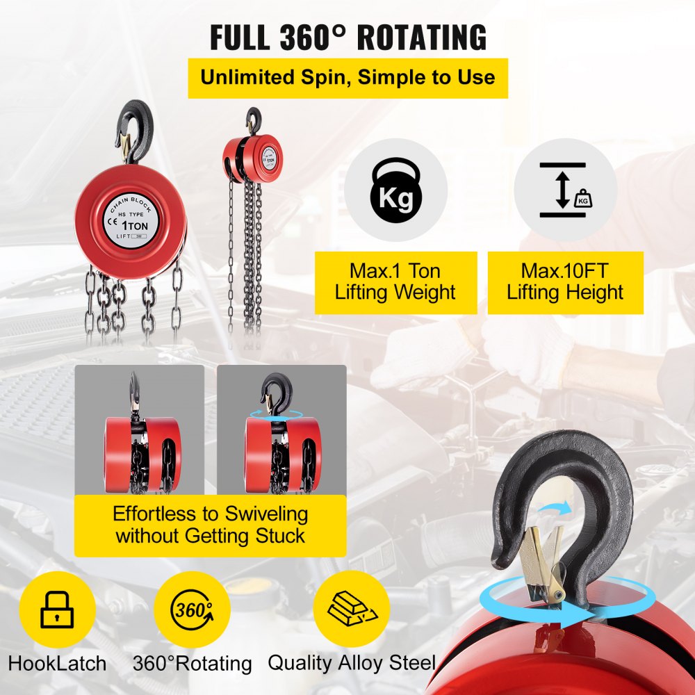 VEVOR Hand Chain Hoist, 2200 lbs /1 Ton Capacity Chain Block, 10ft/3m Lift Manual Hand Chain Block, Manual Hoist with Industrial-Grade Steel Construction for Lifting Good in Transport & Workshop, Red