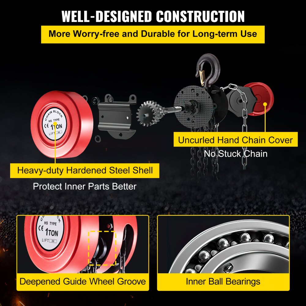 VEVOR Hand Chain Hoist, 2200 lbs /1 Ton Capacity Chain Block, 10ft/3m Lift Manual Hand Chain Block, Manual Hoist with Industrial-Grade Steel Construction for Lifting Good in Transport & Workshop, Red