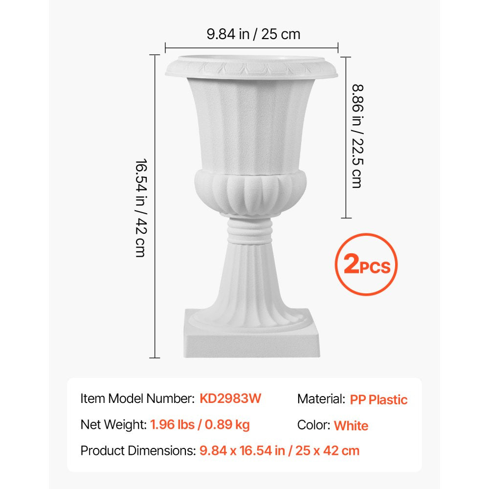 VEVOR Plastic Urn Planters, 9.8 x 16.5 Inch, 2 Pack White Classic Flower Pots Front Porch Planters, Indoor & Outdoor Vase for Wedding, Party, Event, Home, Stage, Garden, Balcony, Patio Decoration