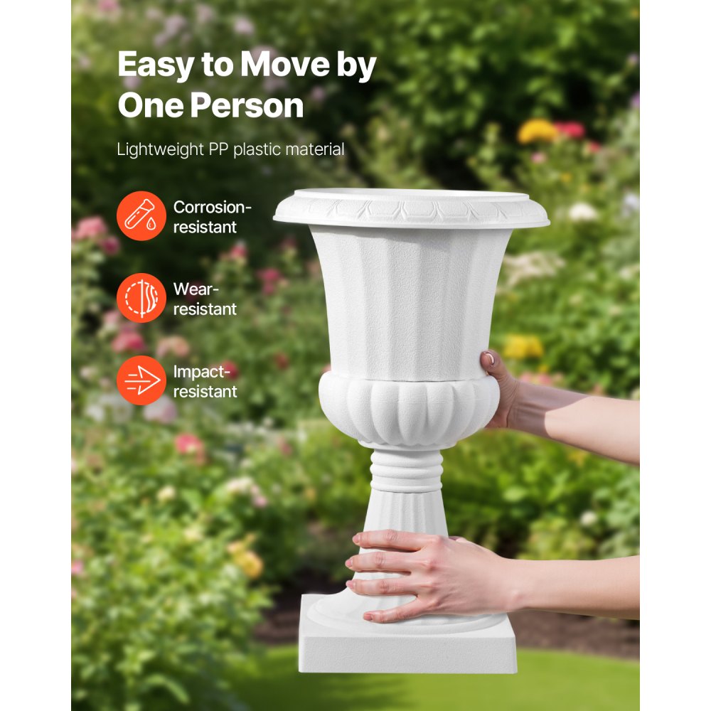 VEVOR Plastic Urn Planters, 9.8 x 16.5 Inch, 2 Pack White Classic Flower Pots Front Porch Planters, Indoor & Outdoor Vase for Wedding, Party, Event, Home, Stage, Garden, Balcony, Patio Decoration