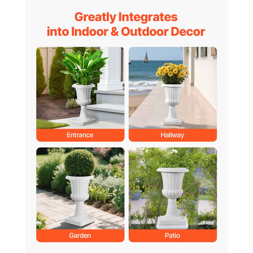 VEVOR Plastic Urn Planters, 9.8 x 16.5 Inch, 2 Pack White Classic Flower Pots Front Porch Planters, Indoor & Outdoor Vase for Wedding, Party, Event, Home, Stage, Garden, Balcony, Patio Decoration