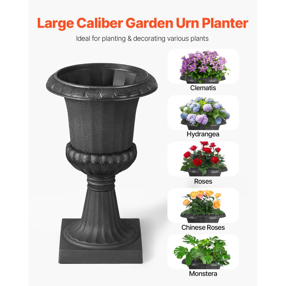 VEVOR Plastic Urn Planters, 9.8 x 16.5 Inch, 2 Pack Black Classic Flower Pots Front Porch Planters, Indoor & Outdoor Vase for Wedding, Party, Event, Home, Stage, Garden, Balcony, Patio Decoration