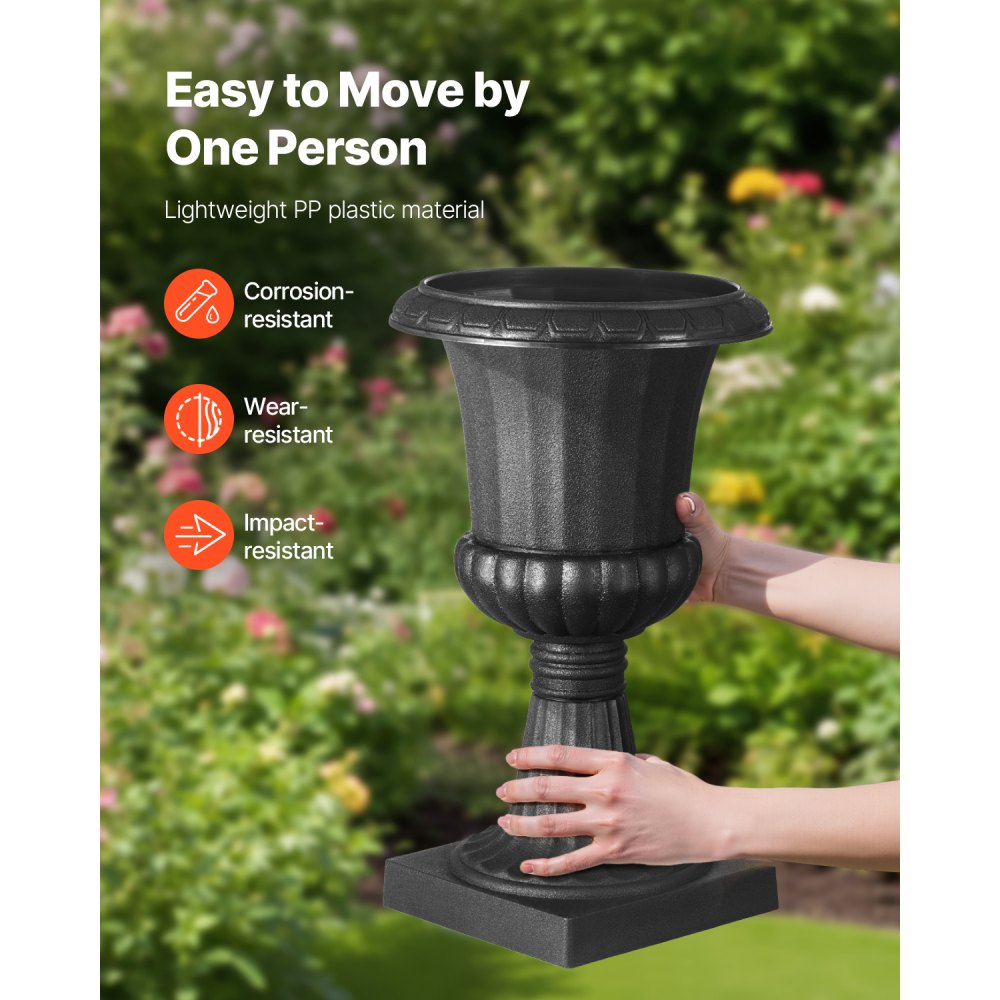 VEVOR Plastic Urn Planters, 9.8 x 16.5 Inch, 2 Pack Black Classic Flower Pots Front Porch Planters, Indoor & Outdoor Vase for Wedding, Party, Event, Home, Stage, Garden, Balcony, Patio Decoration