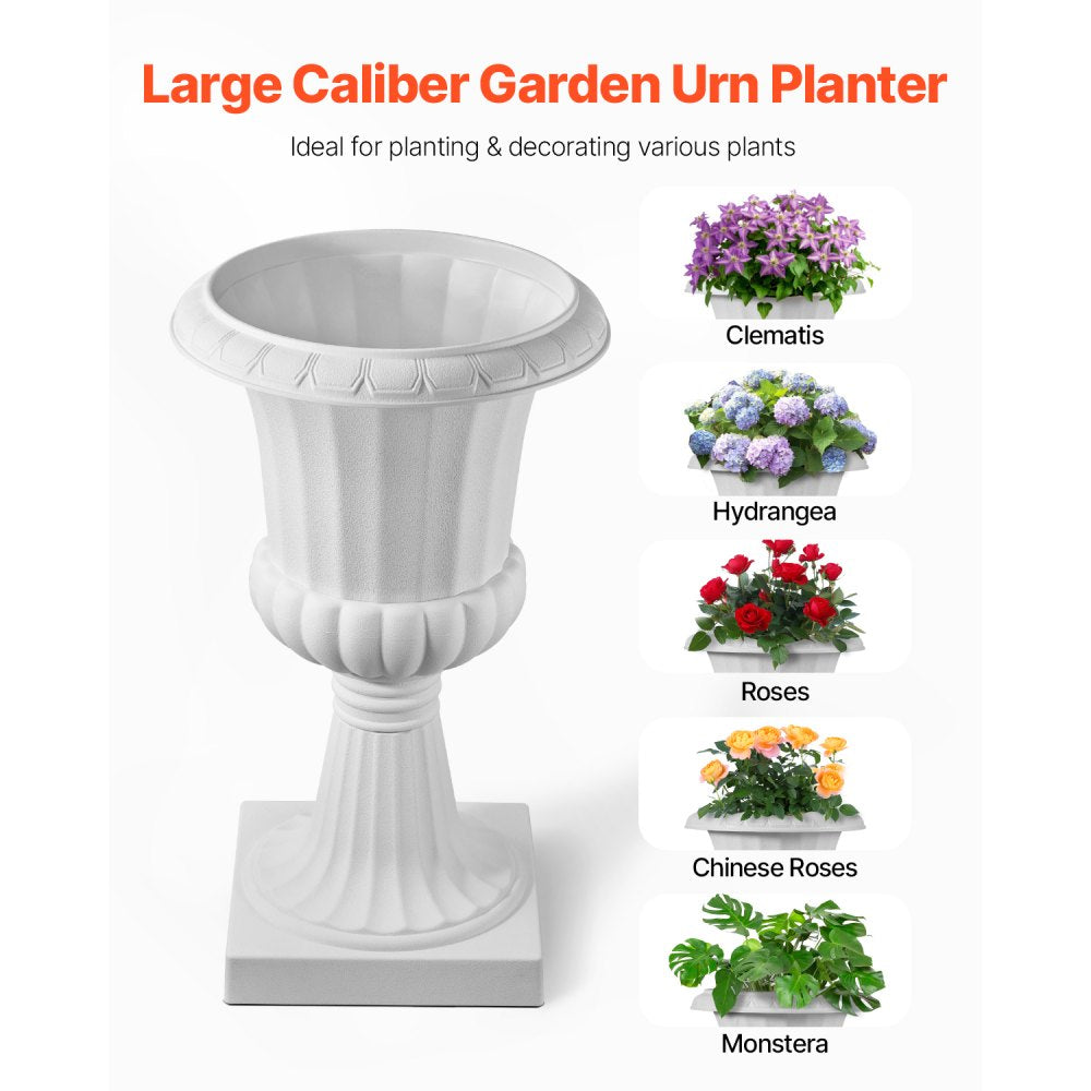 VEVOR Plastic Urn Planters, 15.8 x 26.4 Inch, 2 Pack White Classic Flower Pots Front Porch Planters, Indoor & Outdoor Vase for Wedding, Party, Event, Home, Stage, Garden, Balcony, Patio Decoration
