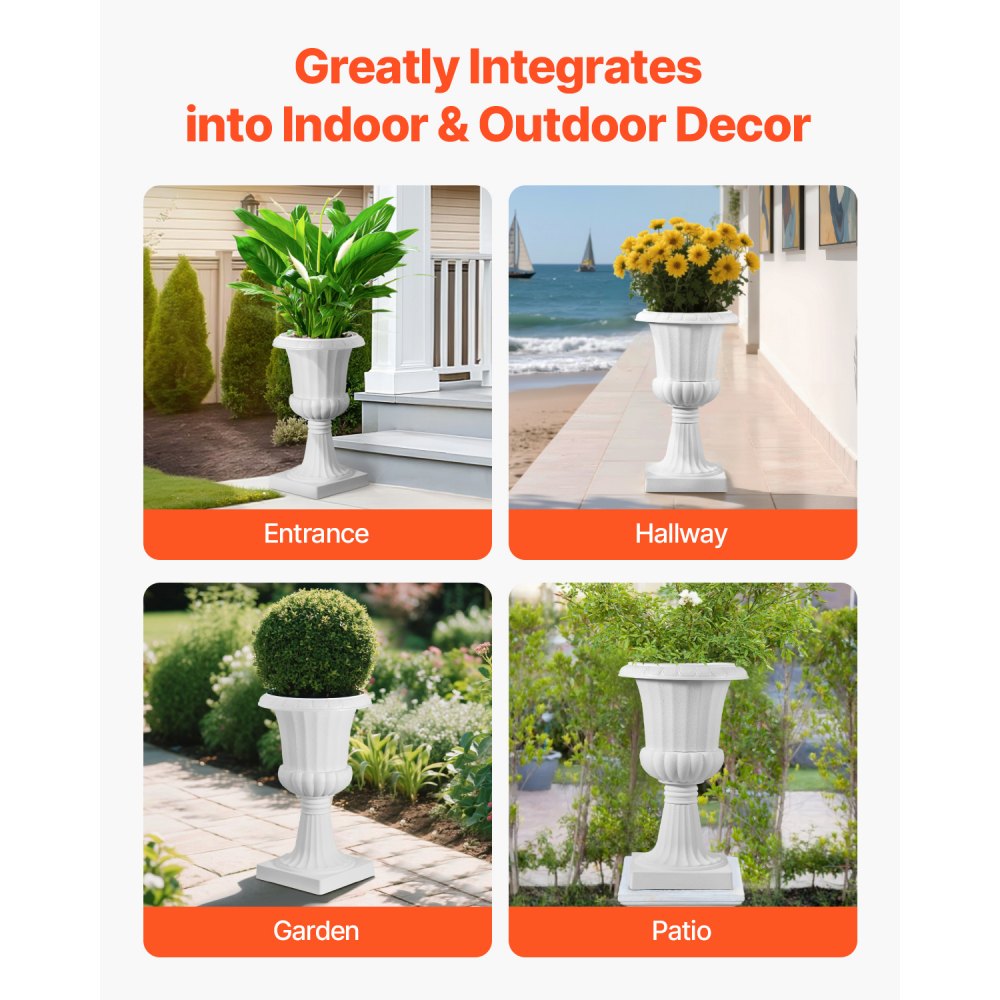 VEVOR Plastic Urn Planters, 15.8 x 26.4 Inch, 2 Pack White Classic Flower Pots Front Porch Planters, Indoor & Outdoor Vase for Wedding, Party, Event, Home, Stage, Garden, Balcony, Patio Decoration