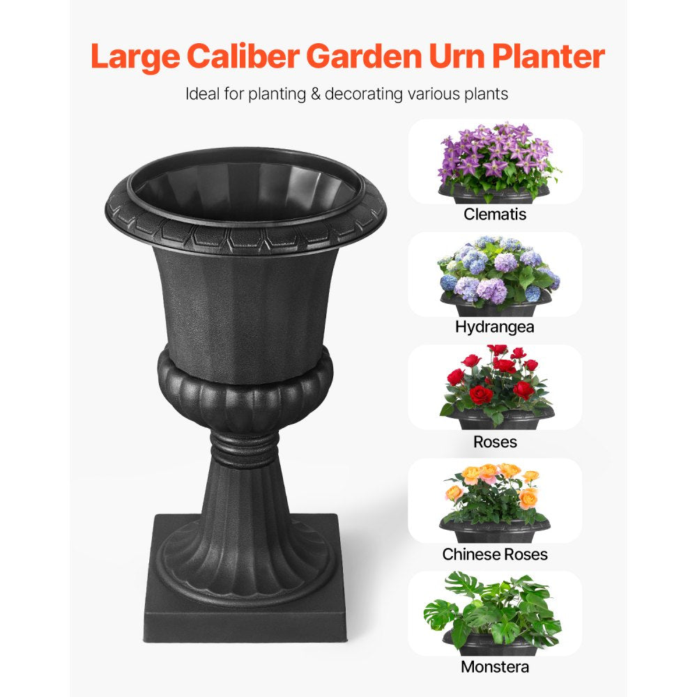 VEVOR Plastic Urn Planters, 15.8 x 26.4 Inch, 2 Pack Black Classic Flower Pots Front Porch Planters, Indoor & Outdoor Vase for Wedding, Party, Event, Home, Stage, Garden, Balcony, Patio Decoration