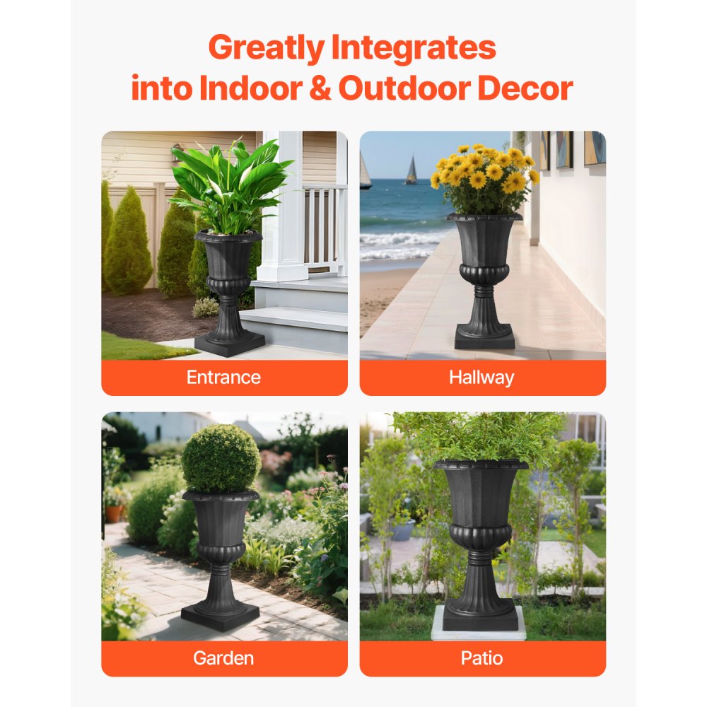 VEVOR Plastic Urn Planters, 15.8 x 26.4 Inch, 2 Pack Black Classic Flower Pots Front Porch Planters, Indoor & Outdoor Vase for Wedding, Party, Event, Home, Stage, Garden, Balcony, Patio Decoration