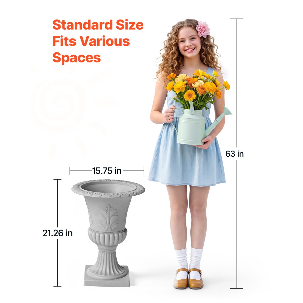 VEVOR Plastic Urn Planter 15.75"x21.26" 1 Pack Gray Classic Urn Flower Pot, for Wedding, Party, Event, Home, Stage, Garden, Balcony, and Patio Decoration, Front Porch Planter, Indoor & Outdoor Vase