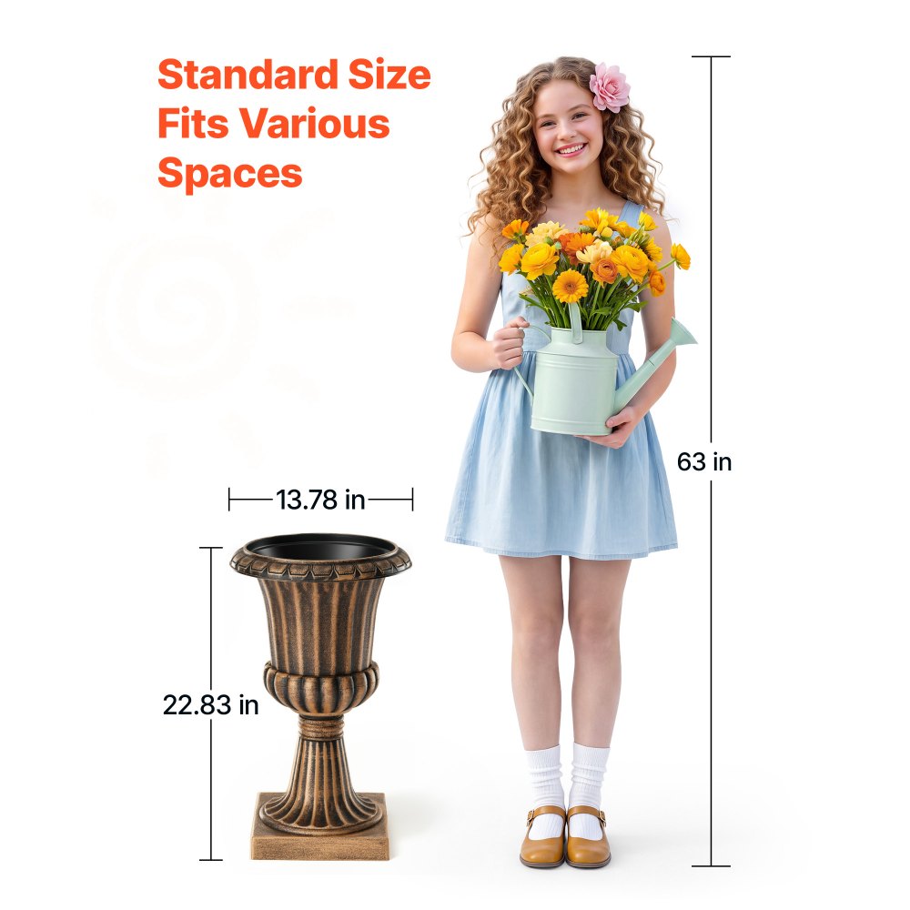 VEVOR Plastic Urn Planters 13.78"x22.83" 2 PCS Brass Classic Urn Flower Pot, for Wedding, Party, Event, Home, Stage, Garden, Balcony, and Patio Decoration, Front Porch Planters, Indoor & Outdoor Vase