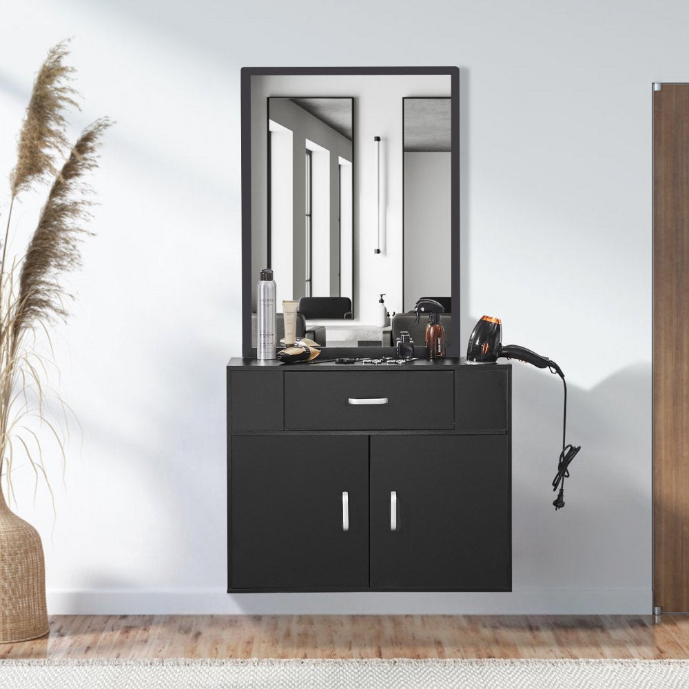 VEVOR Salon Organizer, Wall-Hanging Unit for Hairdressers, Complete with 3 Holders, Mirror, Dual-Door Storage, and Single Drawer, Black