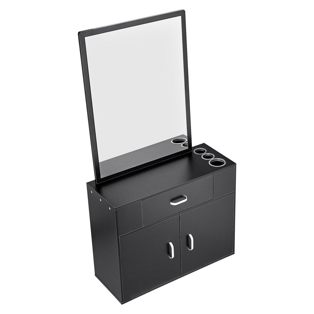 VEVOR Salon Organizer, Wall-Hanging Unit for Hairdressers, Complete with 3 Holders, Mirror, Dual-Door Storage, and Single Drawer, Black