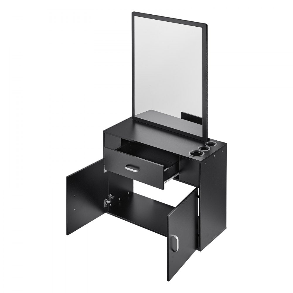 VEVOR Salon Organizer, Wall-Hanging Unit for Hairdressers, Complete with 3 Holders, Mirror, Dual-Door Storage, and Single Drawer, Black