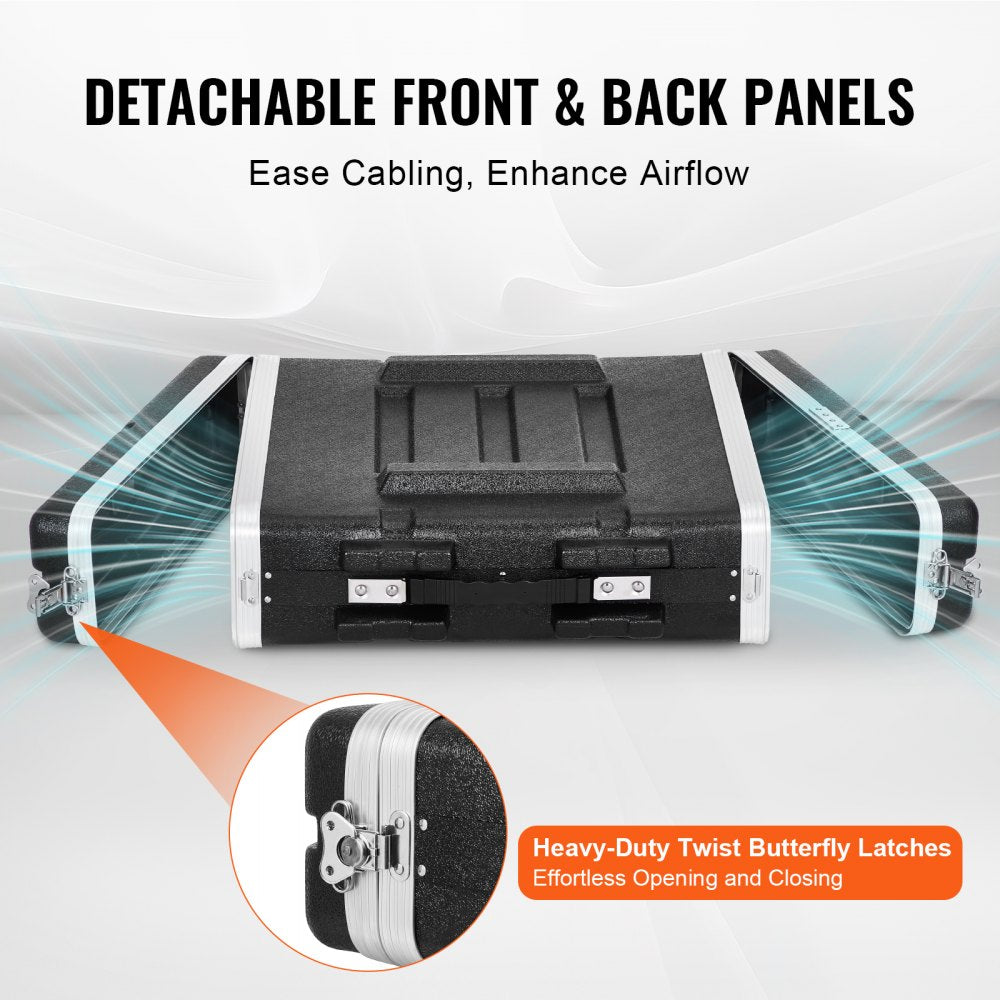 VEVOR 2U Rack Case, Standard 19 in Depth, Server Rack Cabinet with ABS Construction Handle Heavy-Duty Twist Butterfly Latches, Detachable Front & Back Panels, for Amps, Mixers, Microphone Receivers