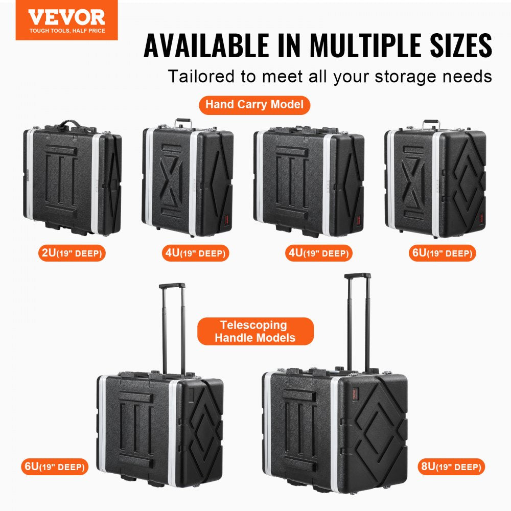 VEVOR 2U Rack Case, Standard 19 in Depth, Server Rack Cabinet with ABS Construction Handle Heavy-Duty Twist Butterfly Latches, Detachable Front & Back Panels, for Amps, Mixers, Microphone Receivers