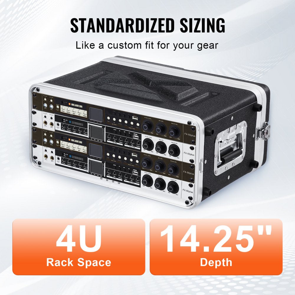 VEVOR 4U Rack Case, Standard 14 in Depth, Server Rack Cabinet with ABS Construction Handle Heavy-Duty Twist Butterfly Latches, Detachable Front & Back Panels, for Amps, Mixers, Microphone Receivers