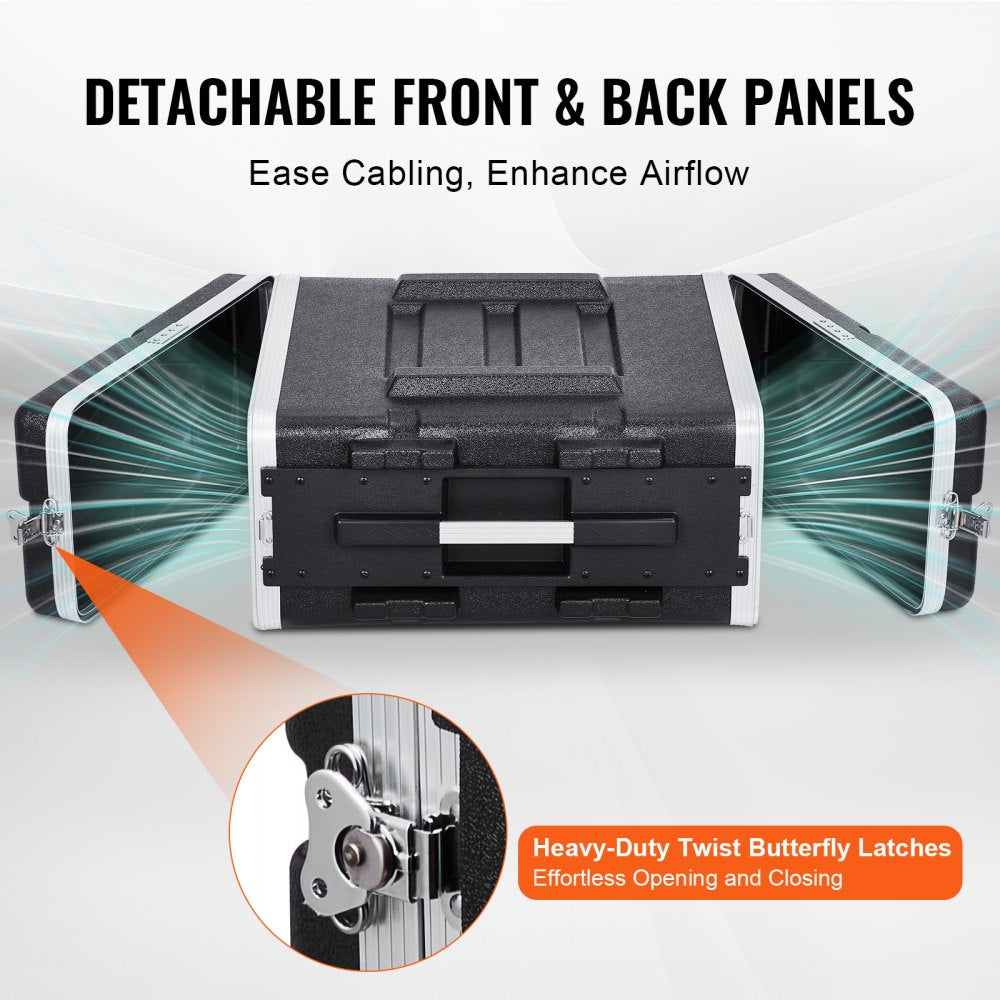 VEVOR 4U Rack Case, Standard 19 in Depth, Server Rack Cabinet with ABS Construction Handle Heavy-Duty Twist Butterfly Latches, Detachable Front & Back Panels, for Amps, Mixers, Microphone Receivers