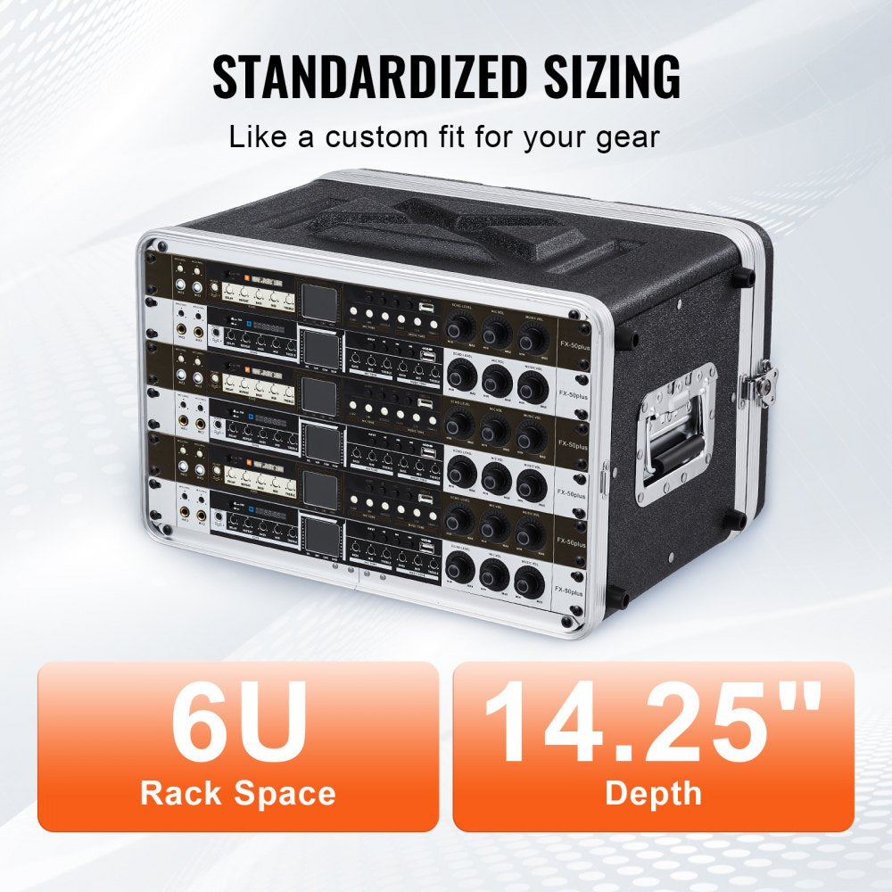 VEVOR 6U Rack Case, Standard 14 in Depth, Server Rack Cabinet with ABS Construction Handle Heavy-Duty Twist Butterfly Latches, Detachable Front & Back Panels, for Amps, Mixers, Microphone Receivers