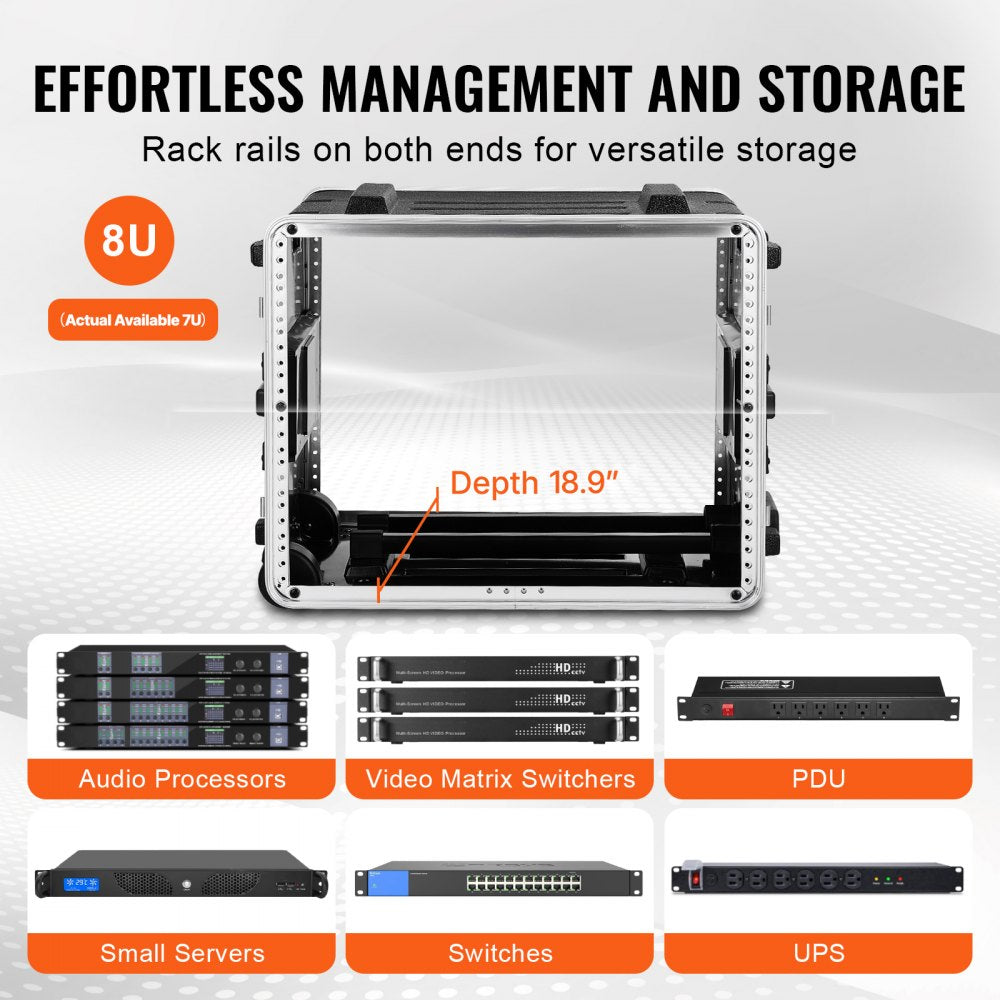 VEVOR 8U Rack Case, Standard 19 in Depth, Server Rack Cabinet with ABS Construction Wheels Heavy-Duty Twist Butterfly Latches, Detachable Front & Back Panels, for Amps, Mixers, Microphone Receivers