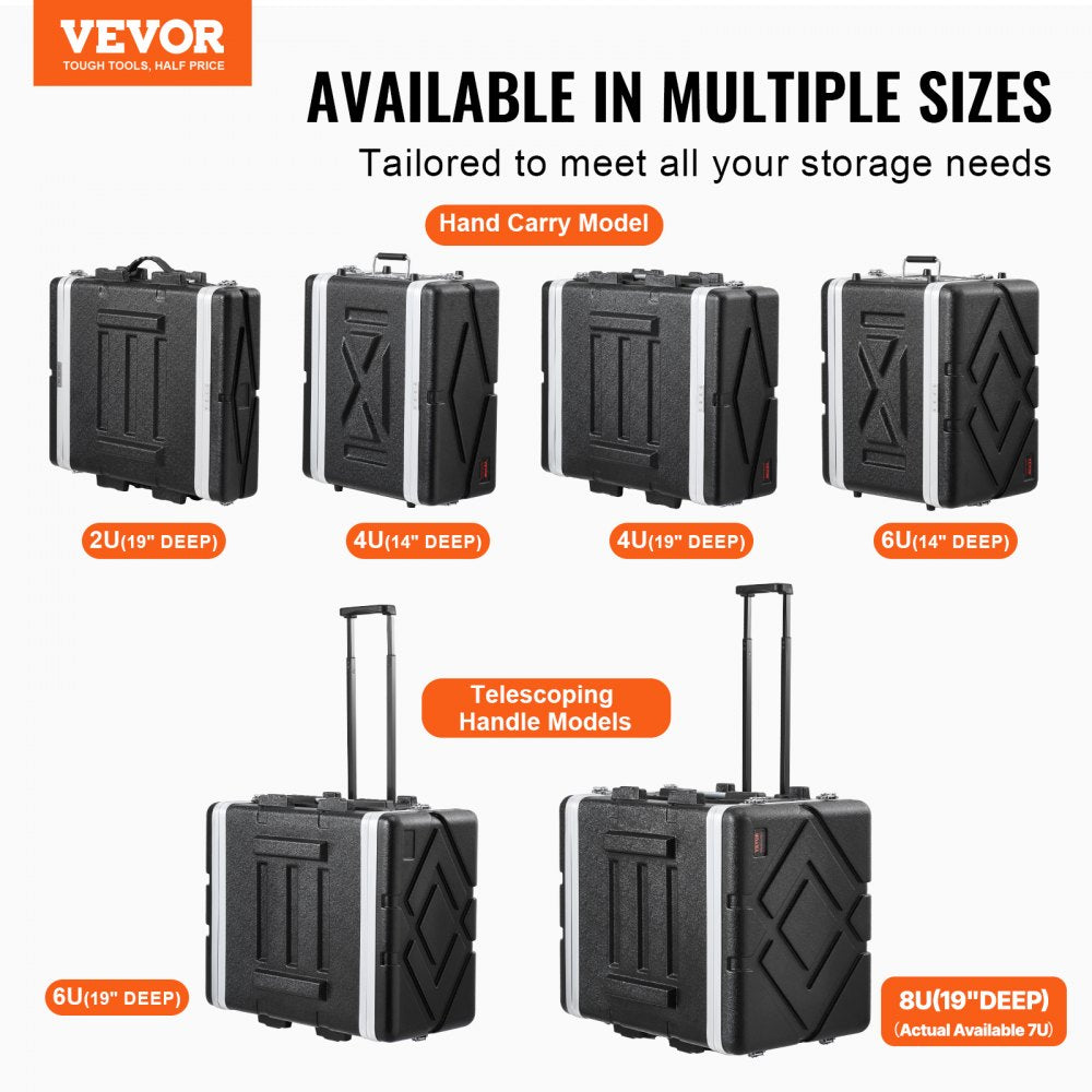 VEVOR 8U Rack Case, Standard 19 in Depth, Server Rack Cabinet with ABS Construction Wheels Heavy-Duty Twist Butterfly Latches, Detachable Front & Back Panels, for Amps, Mixers, Microphone Receivers