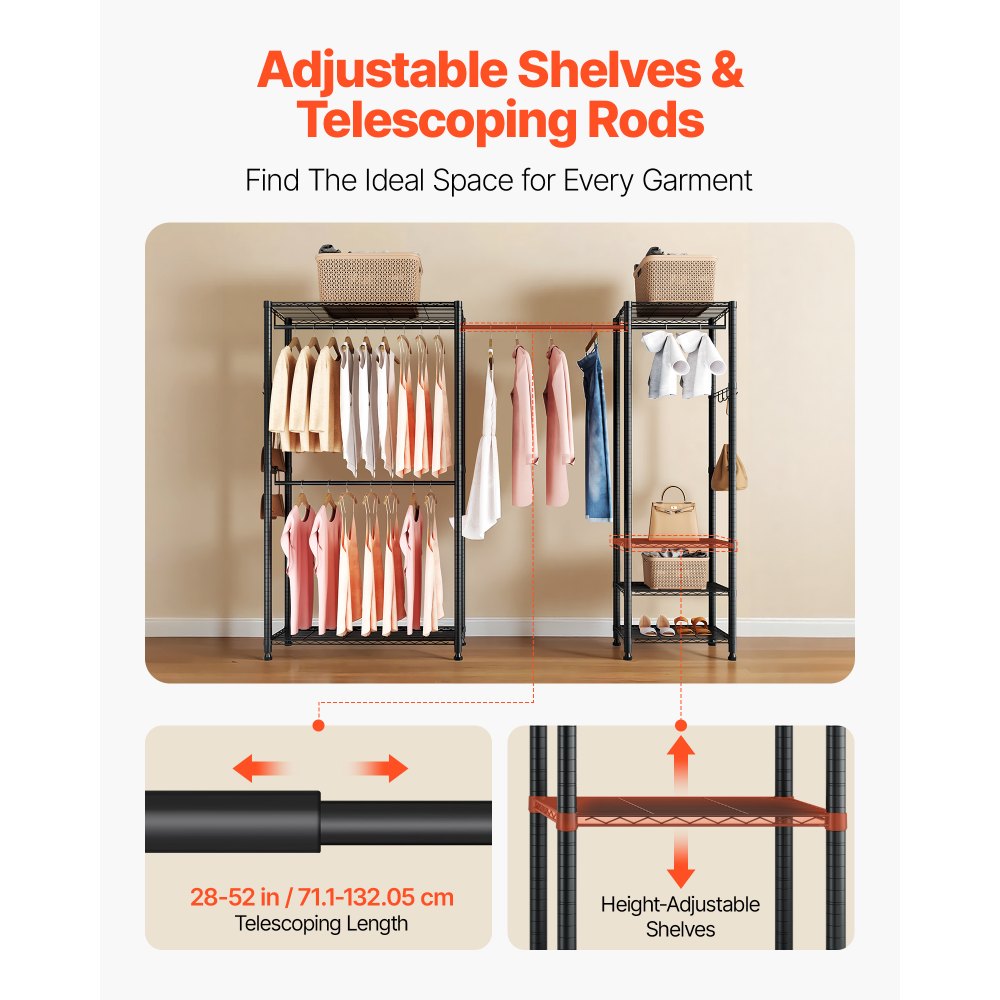 VEVOR Clothing Garment Rack, Heavy Duty Clothes Rack, Freestanding Clothes Racks with Steel Frame, 800 lbs Load Capacity Closet Wardrobe with Storage Shelves for Bedroom, Clothing Store, Hallway
