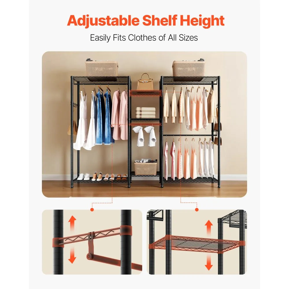 VEVOR Clothing Garment Rack, Heavy Duty Closet Wardrobe, 7 Adjustable Tiers Clothes Racks with Steel Frame, 850 lbs Load Capacity Clothes Rack with 4 Hanging Rods for Bedroom, Clothing Store, Hallway
