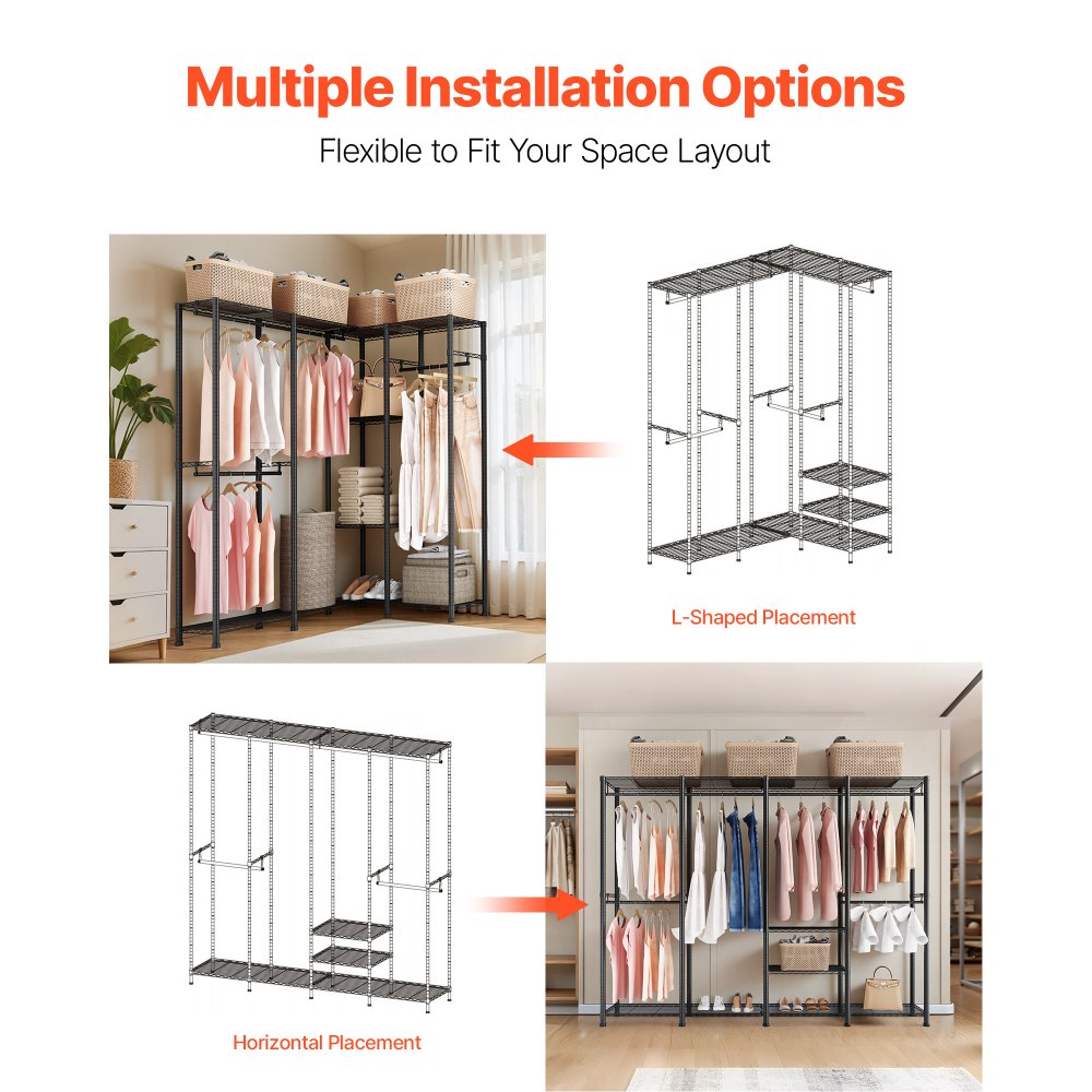 VEVOR Clothing Garment Rack, Heavy Duty Closet Wardrobe, Adjustable Tiers Clothes Racks with Steel Frame, 1100 lbs Load Capacity Clothes Rack with 4 Hanging Rods for Bedroom, Clothing Store, Hallway