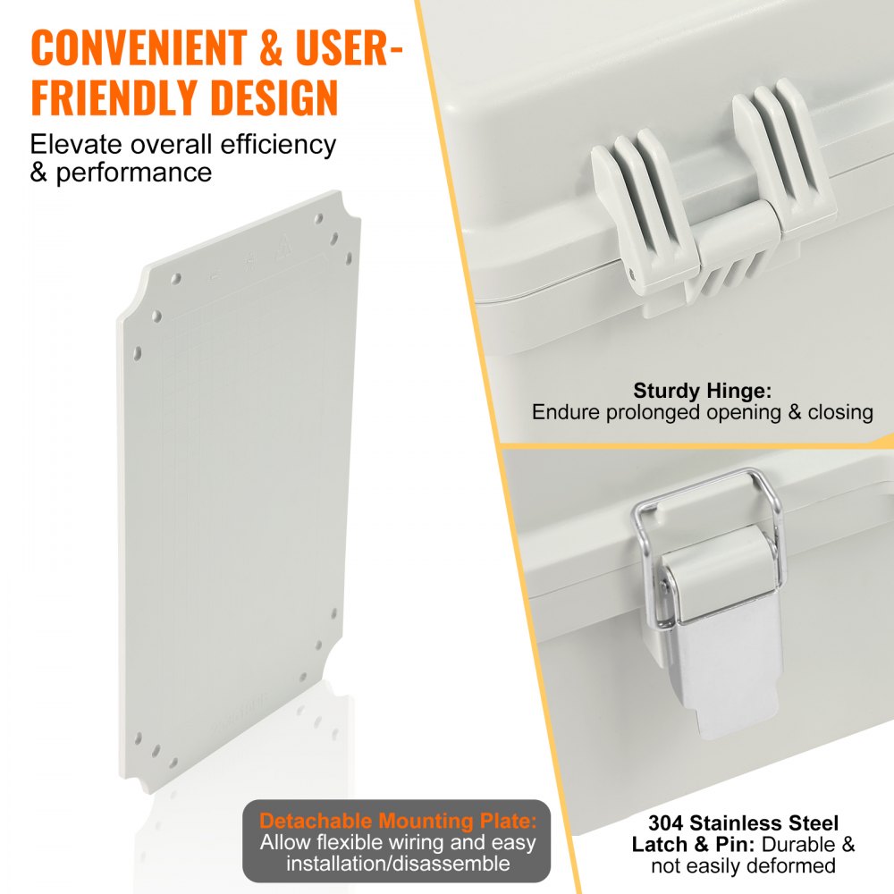 VEVOR Outdoor Electrical Junction Box, 11.81 x 7.87 x 7.08 in, ABS Plastic Electrical Enclosure Box with Hinged Cover Stainless Steel Latch, IP67 Dustproof Waterproof for Outdoor Electrical Projects