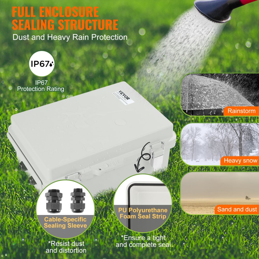 VEVOR Outdoor Electrical Junction Box, 16.93 x 12.99 x 7.09 in, ABS Plastic Electrical Enclosure Box with Hinged Cover Stainless Steel Latch, IP67 Dustproof Waterproof for Outdoor Electrical Projects