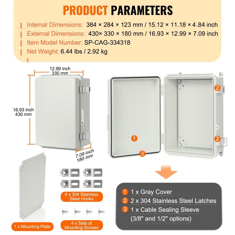 VEVOR Outdoor Electrical Junction Box, 16.93 x 12.99 x 7.09 in, ABS Plastic Electrical Enclosure Box with Hinged Cover Stainless Steel Latch, IP67 Dustproof Waterproof for Outdoor Electrical Projects