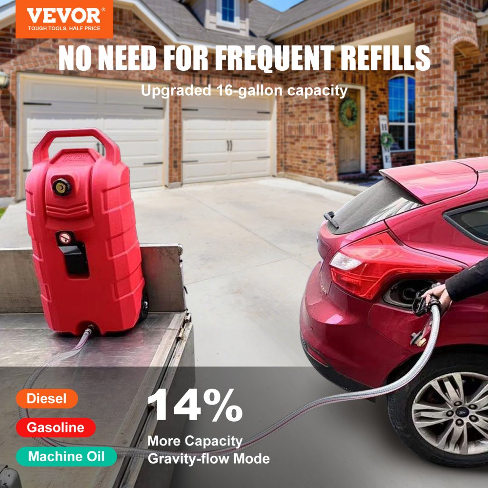 VEVOR 16 Gallon Fuel Caddy, 7.8 L/min, Portable Gas Storage Tank Container with Rubber Wheels, Gravity-flow Mode, Fuel Transfer Storage Tank for Gasoline Diesel Machine Oil Car Mowers Boat Motorcycle