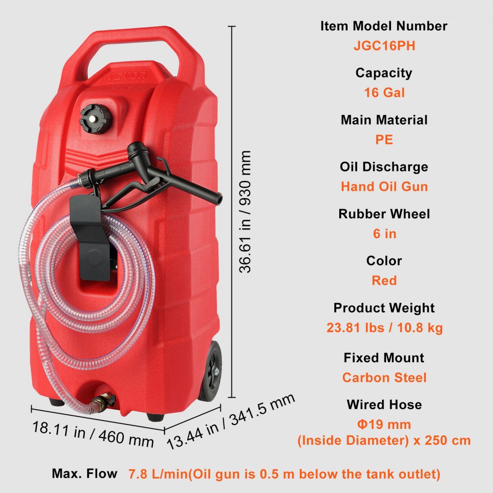 VEVOR 16 Gallon Fuel Caddy, 7.8 L/min, Portable Gas Storage Tank Container with Rubber Wheels, Gravity-flow Mode, Fuel Transfer Storage Tank for Gasoline Diesel Machine Oil Car Mowers Boat Motorcycle