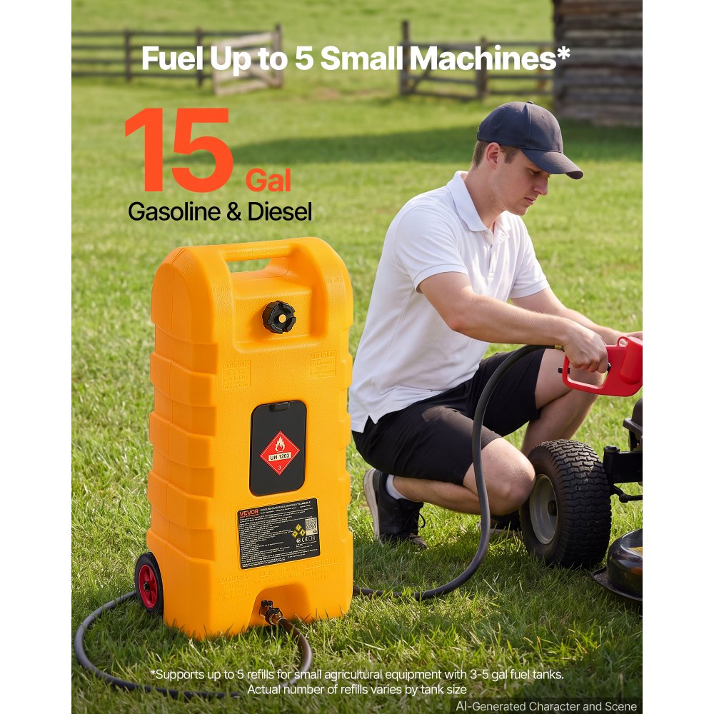 VEVOR 15 Gallon Fuel Caddy Portable Fuel Gas Transfer Tank with Manual Pump, for Gasoline Diesel Storage, Car, ATV, Boat, Lawn Mower, Motorcycle, Tractor, Gas Container Can with Wheels & Hose, Yellow