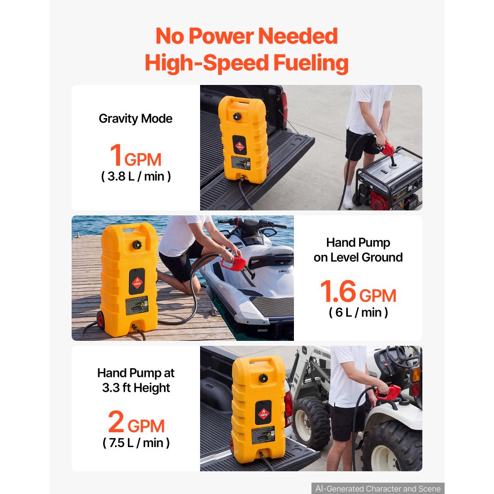 VEVOR 15 Gallon Fuel Caddy Portable Fuel Gas Transfer Tank with Manual Pump, for Gasoline Diesel Storage, Car, ATV, Boat, Lawn Mower, Motorcycle, Tractor, Gas Container Can with Wheels & Hose, Yellow