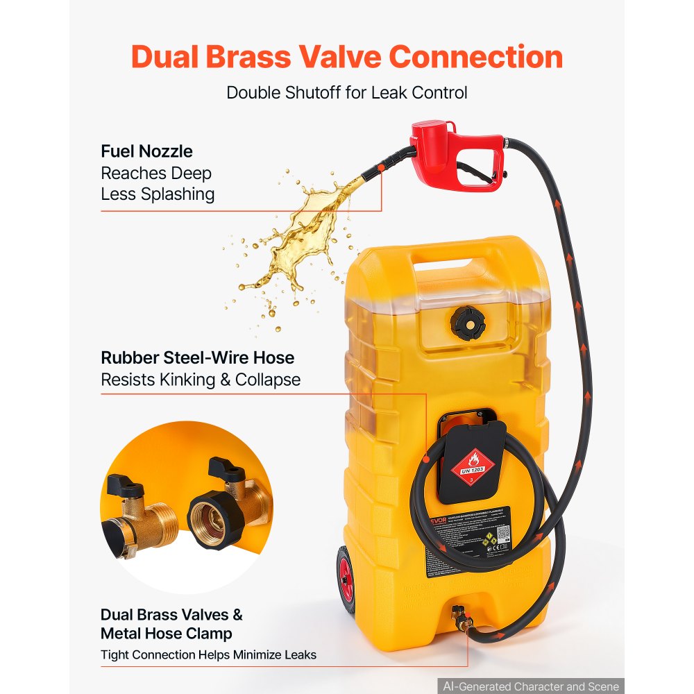 VEVOR 15 Gallon Fuel Caddy Portable Fuel Gas Transfer Tank with Manual Pump, for Gasoline Diesel Storage, Car, ATV, Boat, Lawn Mower, Motorcycle, Tractor, Gas Container Can with Wheels & Hose, Yellow