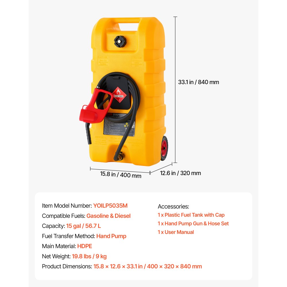 VEVOR 15 Gallon Fuel Caddy Portable Fuel Gas Transfer Tank with Manual Pump, for Gasoline Diesel Storage, Car, ATV, Boat, Lawn Mower, Motorcycle, Tractor, Gas Container Can with Wheels & Hose, Yellow
