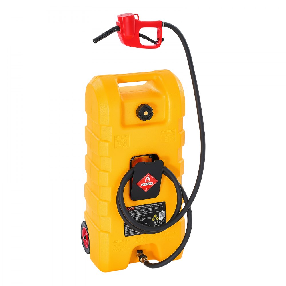 VEVOR 15 Gallon Fuel Caddy Portable Fuel Gas Transfer Tank with Manual Pump, for Gasoline Diesel Storage, Car, ATV, Boat, Lawn Mower, Motorcycle, Tractor, Gas Container Can with Wheels & Hose, Yellow
