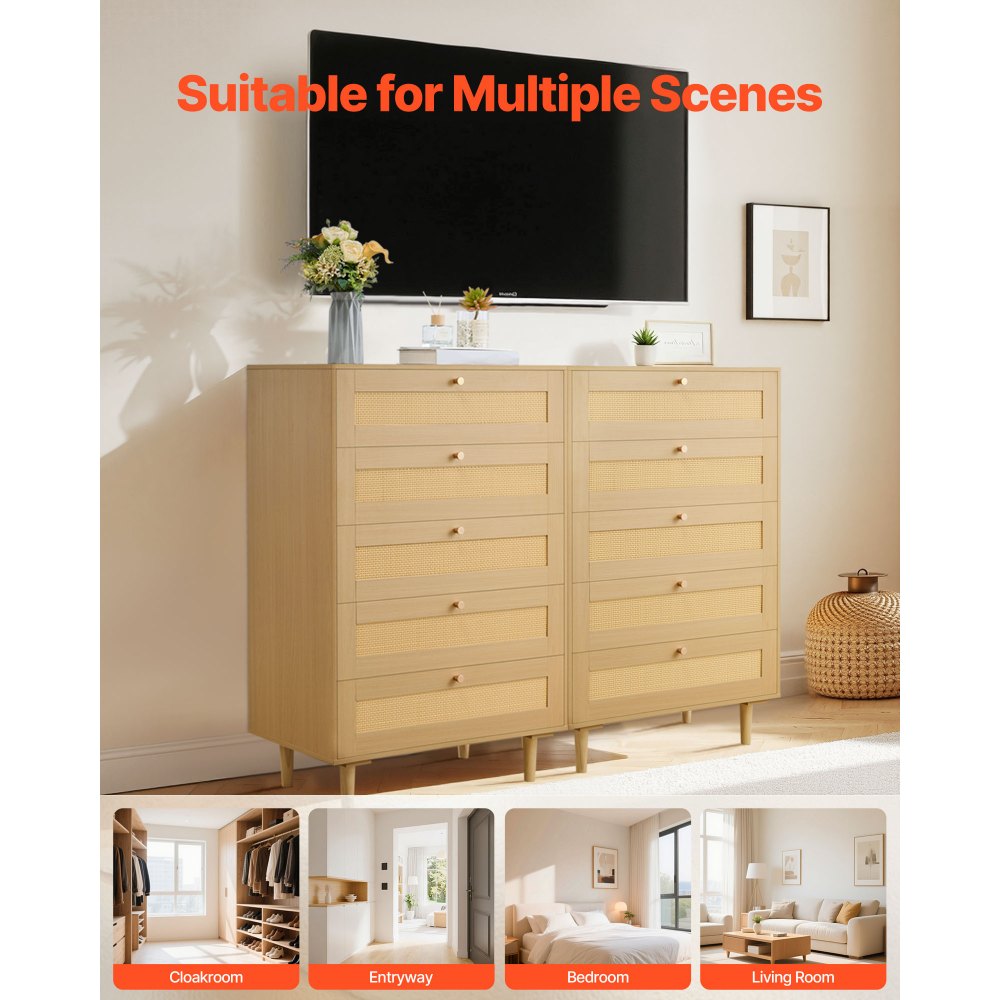 VEVOR 5 Drawer Rattan Dresser, Modern Closet Dresser for Bedroom, Natural Rattan Chest of Drawers with Metal Handles & Wooden Legs, Chest Clothing Organizer & Storage for Bedroom, Living Room, Hallway