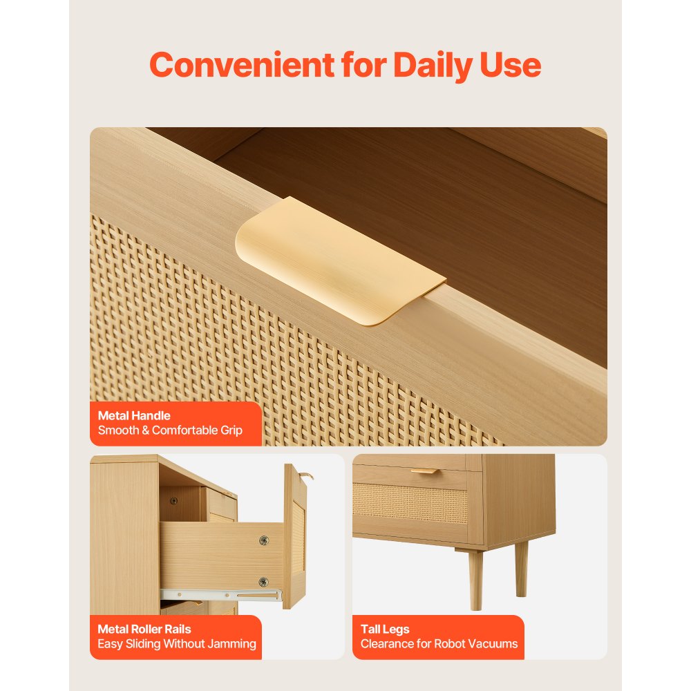 VEVOR 3 Drawer Rattan Dresser, Modern Closet Dresser for Bedroom, Natural Rattan Chest of Drawers with Metal Handles & Wooden Legs, Chest Clothing Organizer & Storage for Bedroom, Living Room, Hallway