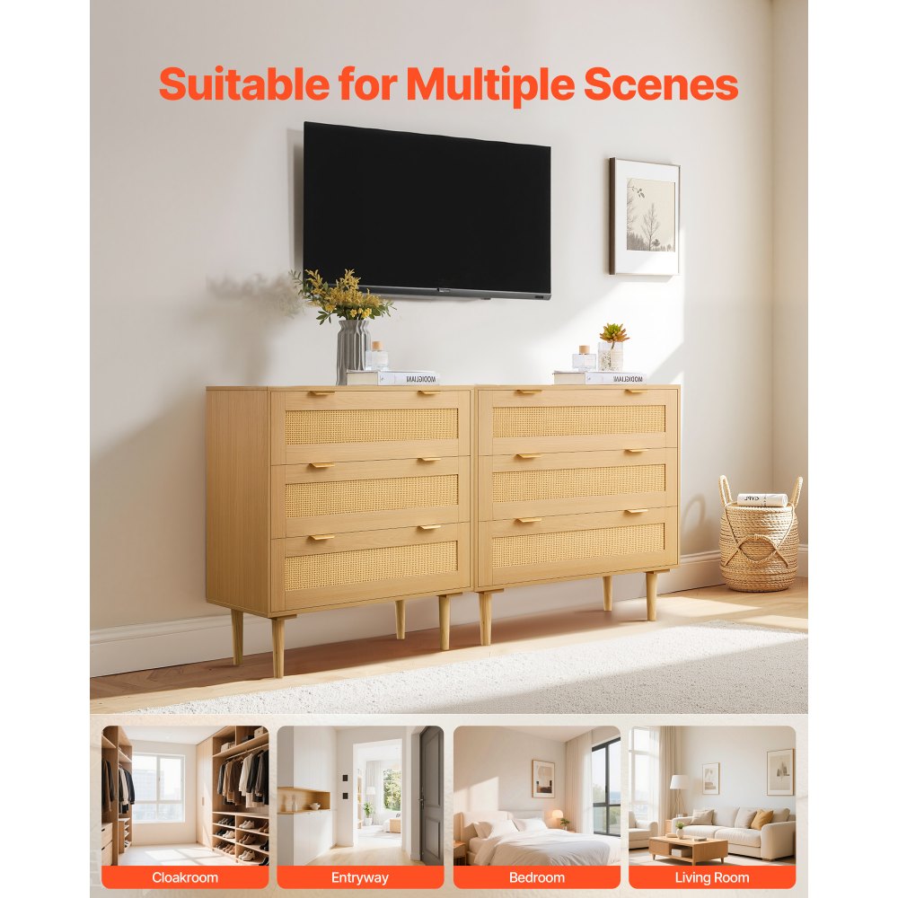VEVOR 3 Drawer Rattan Dresser, Modern Closet Dresser for Bedroom, Natural Rattan Chest of Drawers with Metal Handles & Wooden Legs, Chest Clothing Organizer & Storage for Bedroom, Living Room, Hallway
