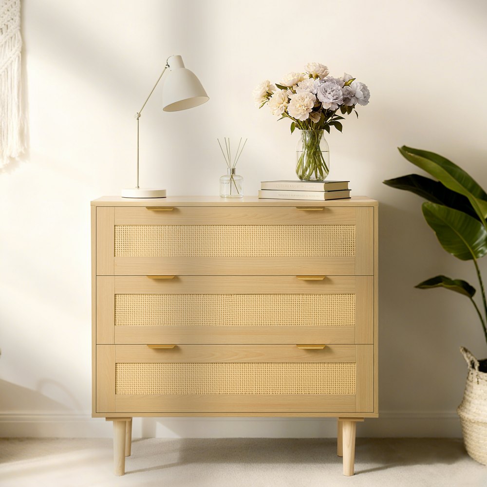 VEVOR 3 Drawer Rattan Dresser, Modern Closet Dresser for Bedroom, Natural Rattan Chest of Drawers with Metal Handles & Wooden Legs, Chest Clothing Organizer & Storage for Bedroom, Living Room, Hallway