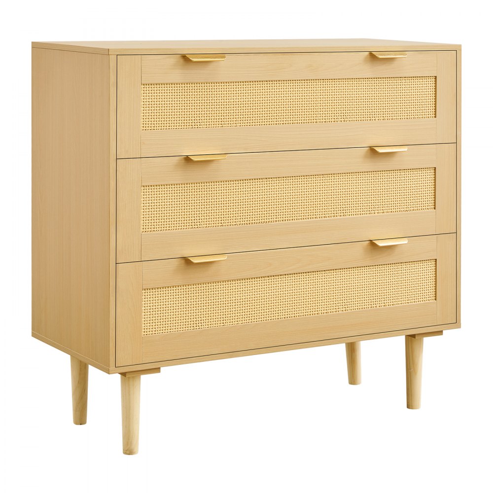 VEVOR 3 Drawer Rattan Dresser, Modern Closet Dresser for Bedroom, Natural Rattan Chest of Drawers with Metal Handles & Wooden Legs, Chest Clothing Organizer & Storage for Bedroom, Living Room, Hallway