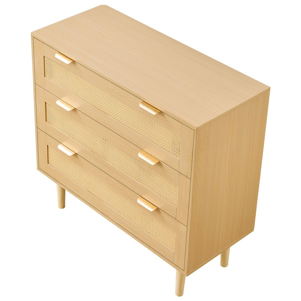 VEVOR 3 Drawer Rattan Dresser, Modern Closet Dresser for Bedroom, Natural Rattan Chest of Drawers with Metal Handles & Wooden Legs, Chest Clothing Organizer & Storage for Bedroom, Living Room, Hallway