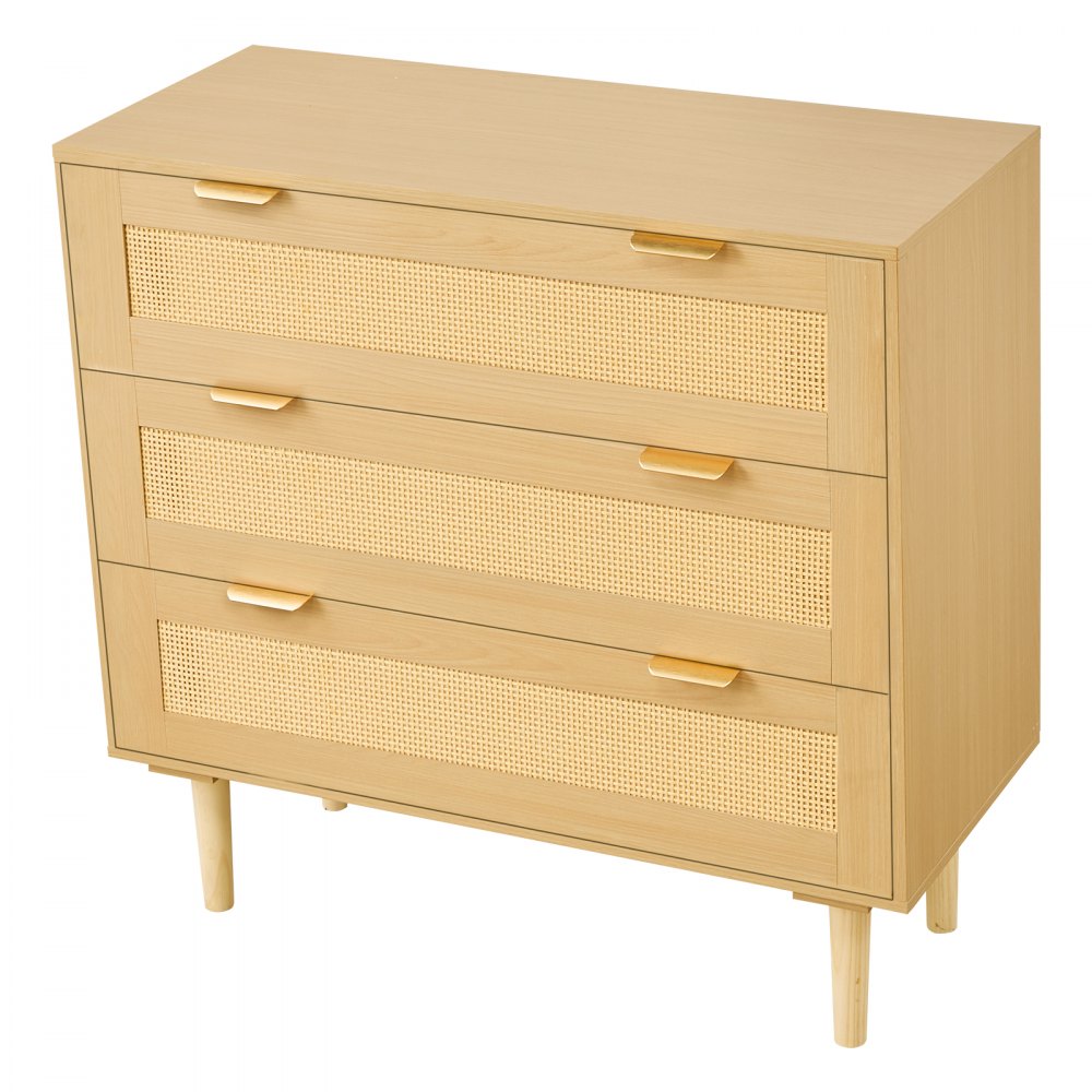 VEVOR 3 Drawer Rattan Dresser, Modern Closet Dresser for Bedroom, Natural Rattan Chest of Drawers with Metal Handles & Wooden Legs, Chest Clothing Organizer & Storage for Bedroom, Living Room, Hallway