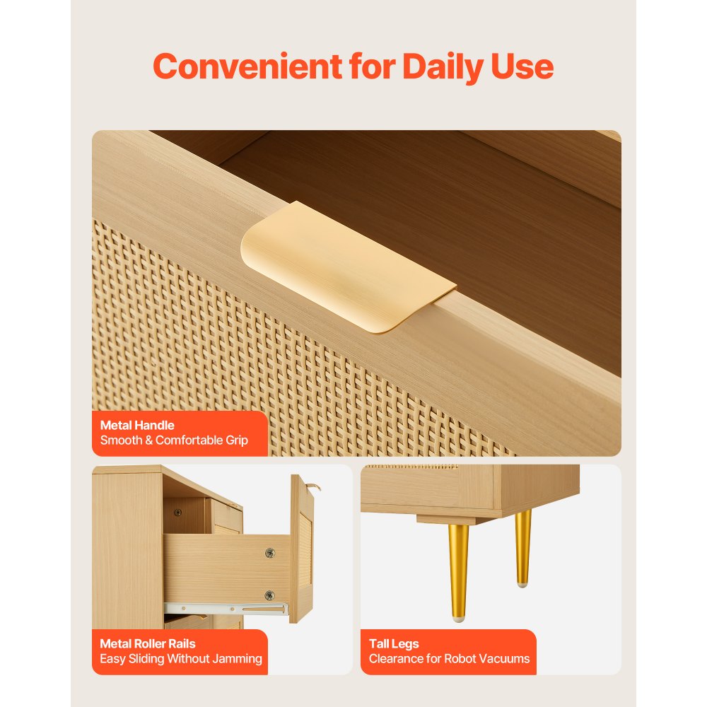 VEVOR 6 Drawer Rattan Dresser, Double Dresser for Bedroom, Natural Rattan Chest of Drawers with Metal Handles & Legs, Modern Wood Chest Clothing Organizer & Storage for Bedroom, Living Room, Hallway