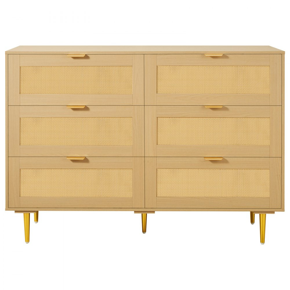 VEVOR 6 Drawer Rattan Dresser, Double Dresser for Bedroom, Natural Rattan Chest of Drawers with Metal Handles & Legs, Modern Wood Chest Clothing Organizer & Storage for Bedroom, Living Room, Hallway