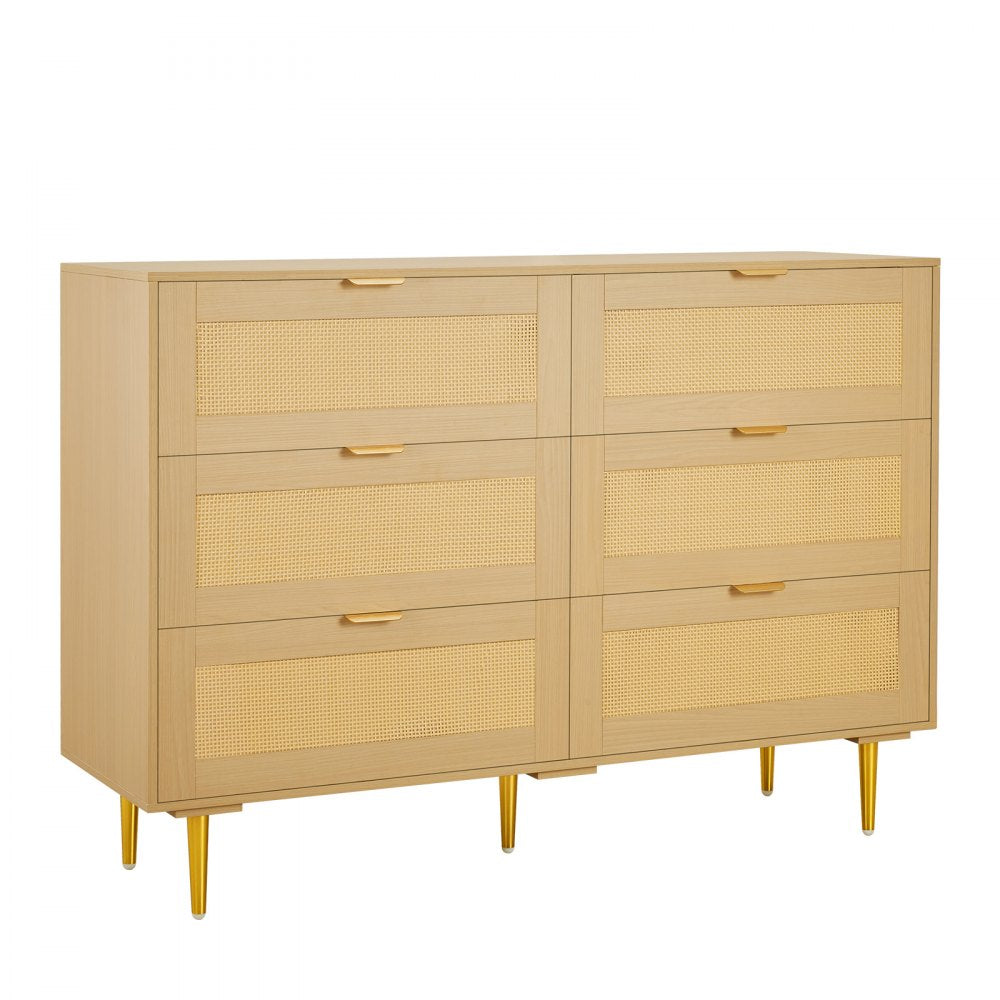 VEVOR 6 Drawer Rattan Dresser, Double Dresser for Bedroom, Natural Rattan Chest of Drawers with Metal Handles & Legs, Modern Wood Chest Clothing Organizer & Storage for Bedroom, Living Room, Hallway